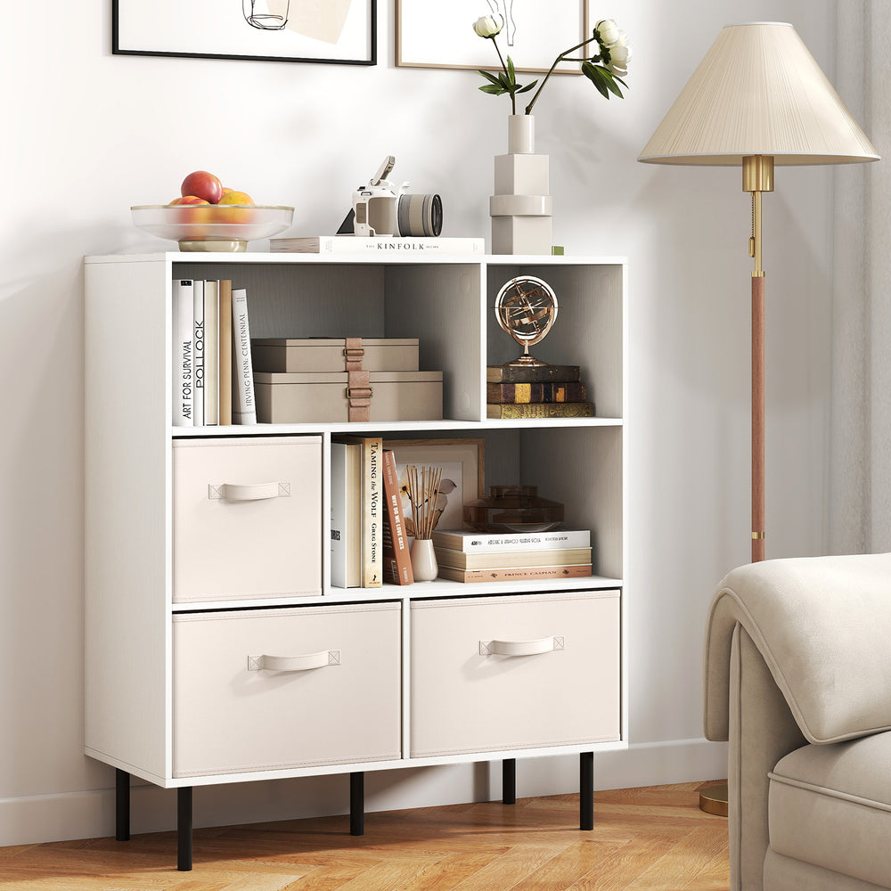 6-Cube Bookshelf with 3 Removable Folding Fabric Drawers for Living Room-White - Gallery View 1 of 10