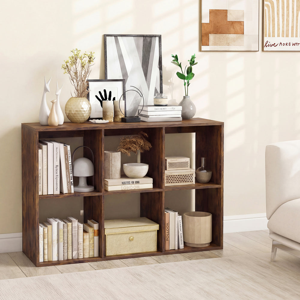 6 Cube Bookshelf with Back Guardrail for Living Room Bedroom-Rustic Brown - Gallery View 1 of 10