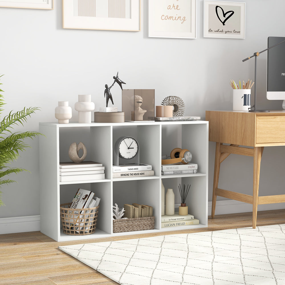 Multifunctional 6-cube bookshelf in white, perfect for storing books and decor in living room or bedroom.