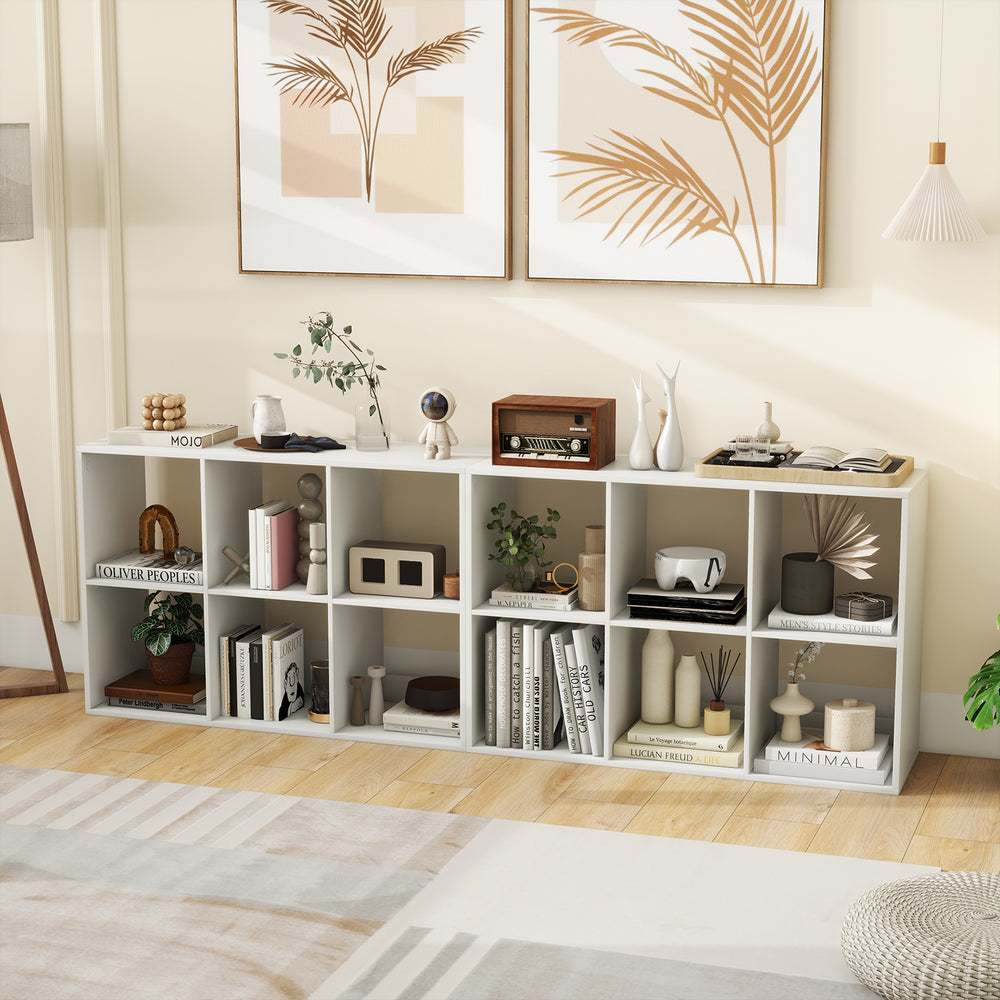 Multifunctional 6-cube bookshelf in white with back guardrail, perfect for storing books and decor in living room or.