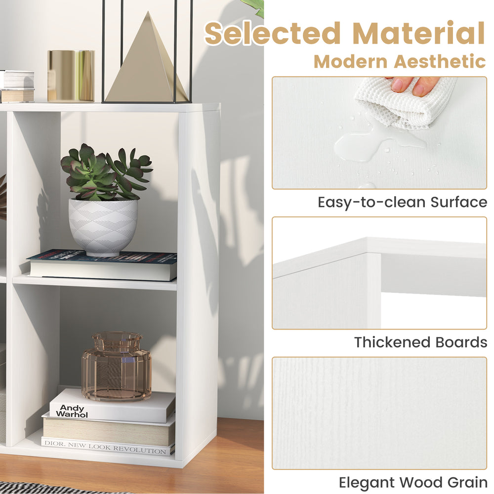 6-cube bookshelf in white with elegant wood grain, featuring an easy-to-clean surface and thickened boards for.