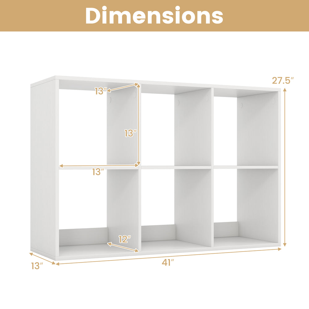 Dimensions of the white 6-cube bookshelf, featuring ample storage space and a robust structure for living room or.