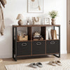 Industrial short bookshelf in rustic brown with 3 bins and open shelves, perfect for storage in any indoor space.