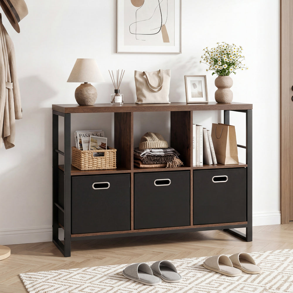 Industrial short bookshelf in rustic brown with 3 bins and open shelves, perfect for storage in any indoor space.