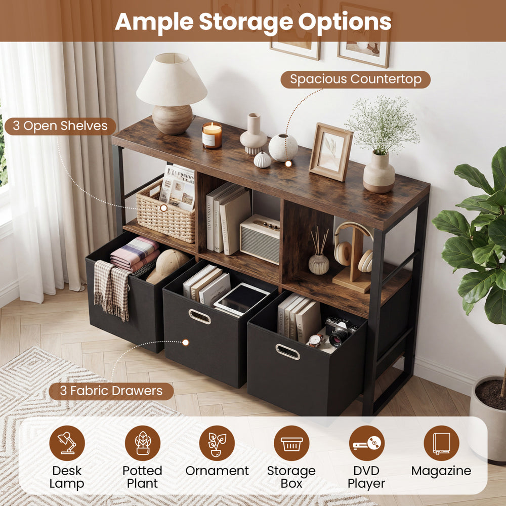Industrial short bookshelf in rustic brown with 3 open shelves and 3 fabric drawers for versatile indoor storage.