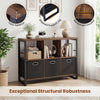 Industrial short bookshelf in rustic brown with 3 bins, open shelves, and a sturdy metal frame for versatile storage.