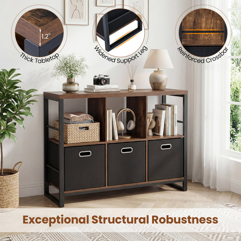 Industrial short bookshelf in rustic brown with 3 bins, open shelves, and a sturdy metal frame for versatile storage.