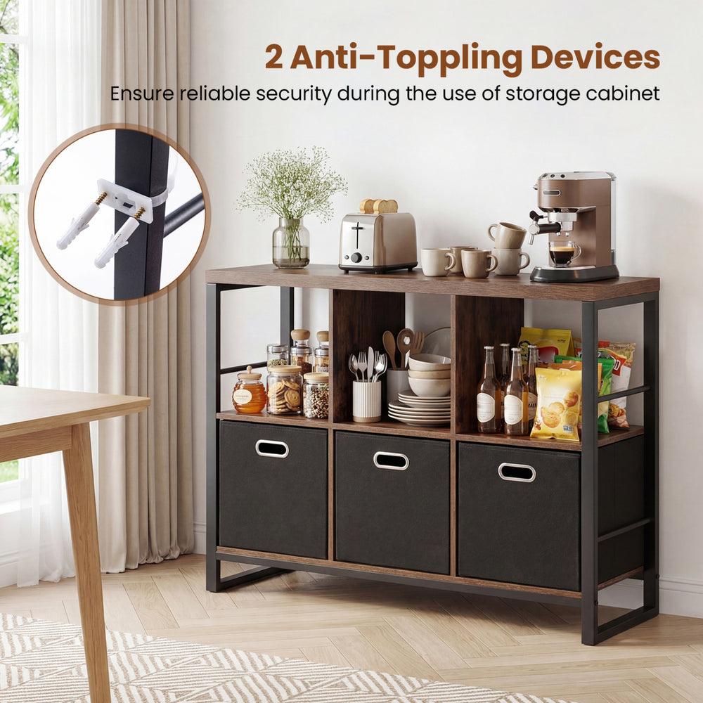6-cube industrial short bookshelf in rustic brown with 3 fabric bins and open shelves for versatile indoor storage.