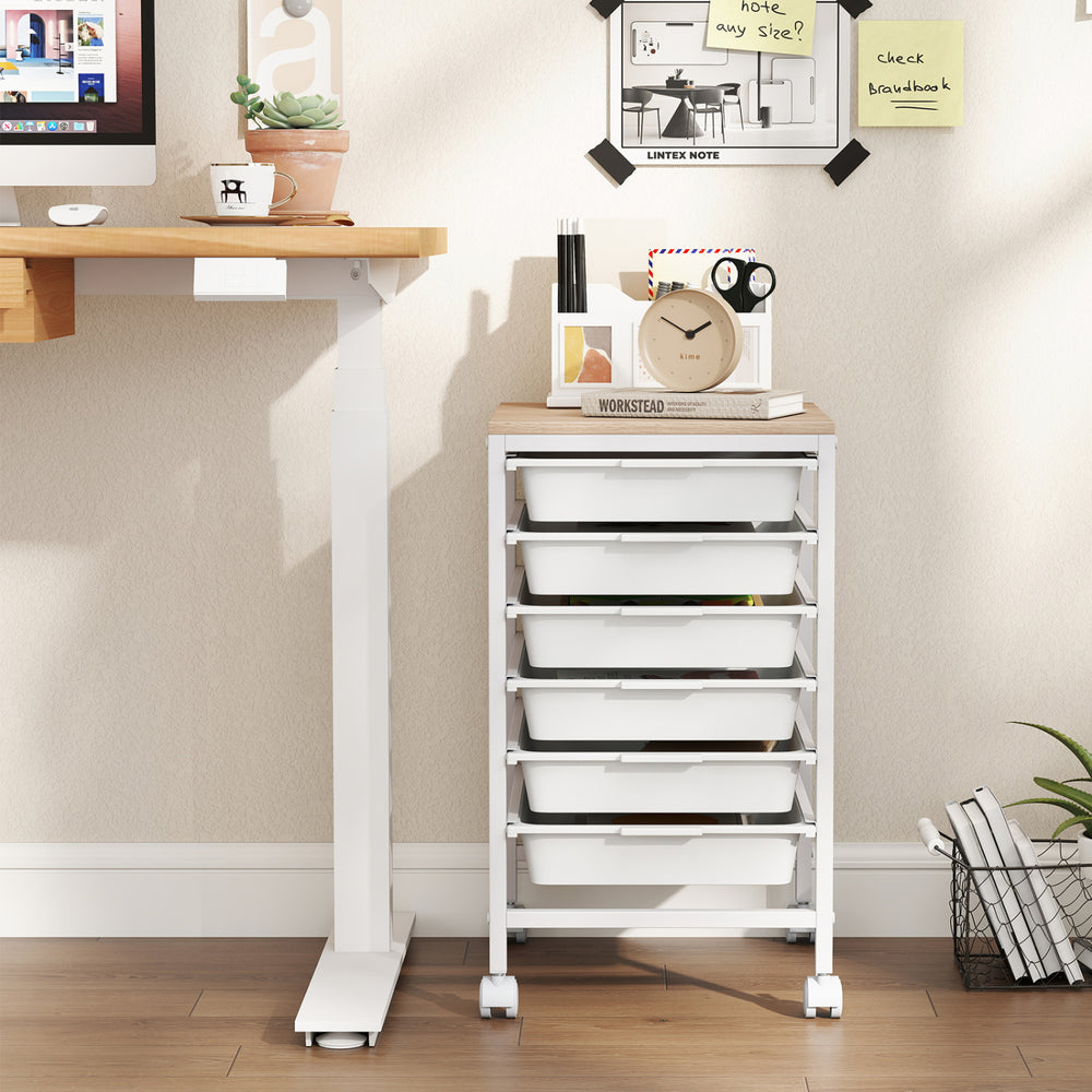 6-drawer rolling storage cart with wooden tabletop in white, ideal for organizing office supplies and easy mobility.