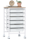 6-drawer rolling storage cart with white drawers and wooden tabletop, perfect for organizing office or craft supplies.