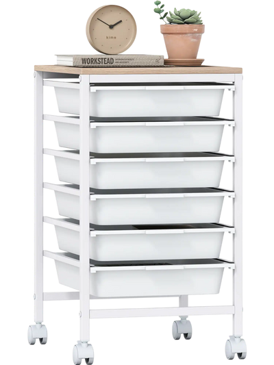 Costway 6-Drawer Rolling Storage Cart Wooden Tabletop File Cabinet 55609509 New