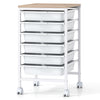 6-drawer rolling storage cart with wooden tabletop, white metal frame, ideal for organizing office or craft supplies.
