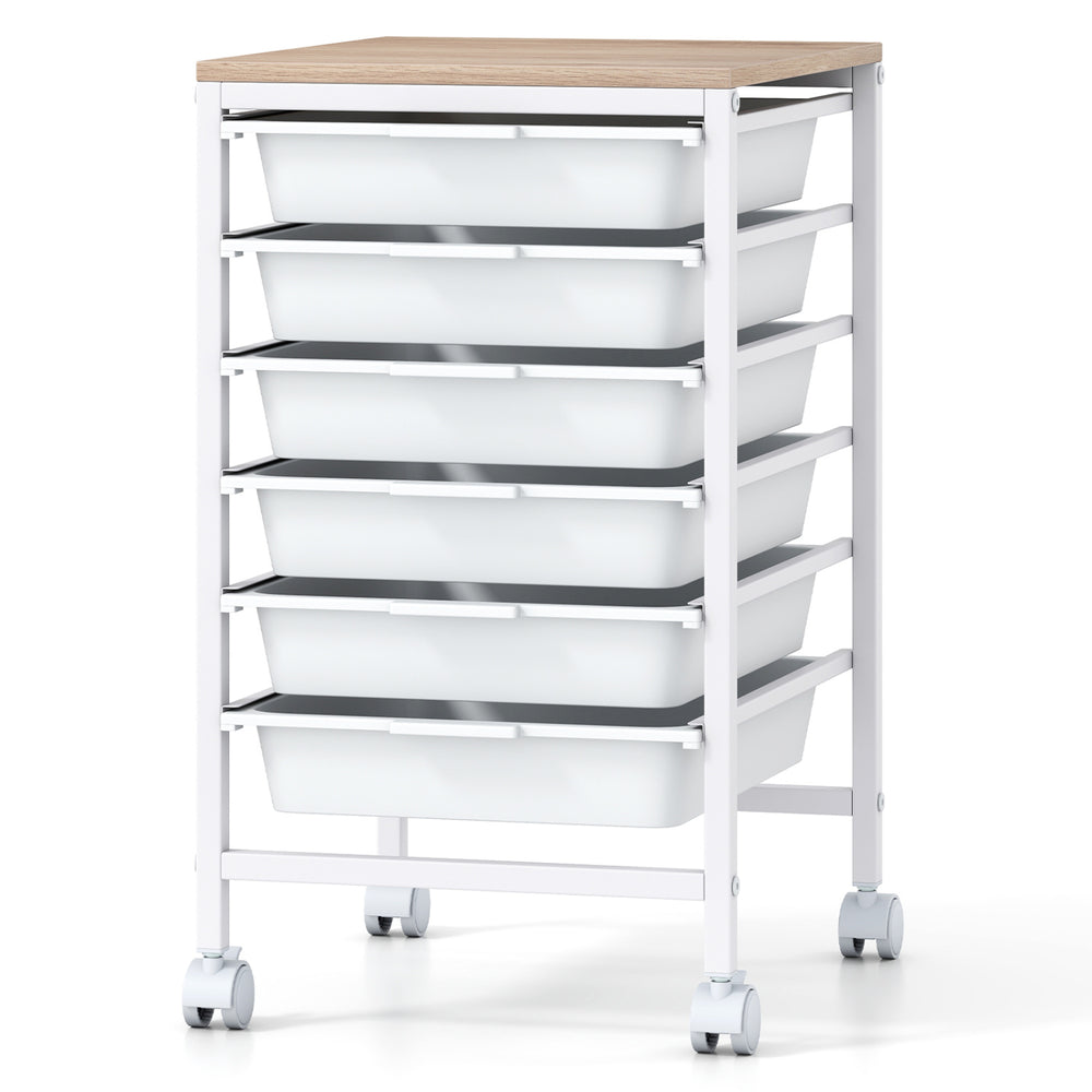 6-drawer rolling storage cart with wooden tabletop, white metal frame, ideal for organizing office or craft supplies.