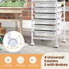 6-drawer rolling storage cart with white drawers and wooden tabletop, featuring 4 swivel casters for easy mobility.