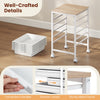 6-drawer rolling storage cart with wooden tabletop, white metal frame, and smooth tracks for easy mobility in any space.