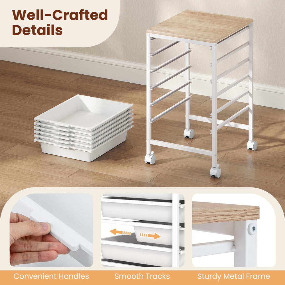 6-drawer rolling storage cart with wooden tabletop, white metal frame, and smooth tracks for easy mobility in any space.