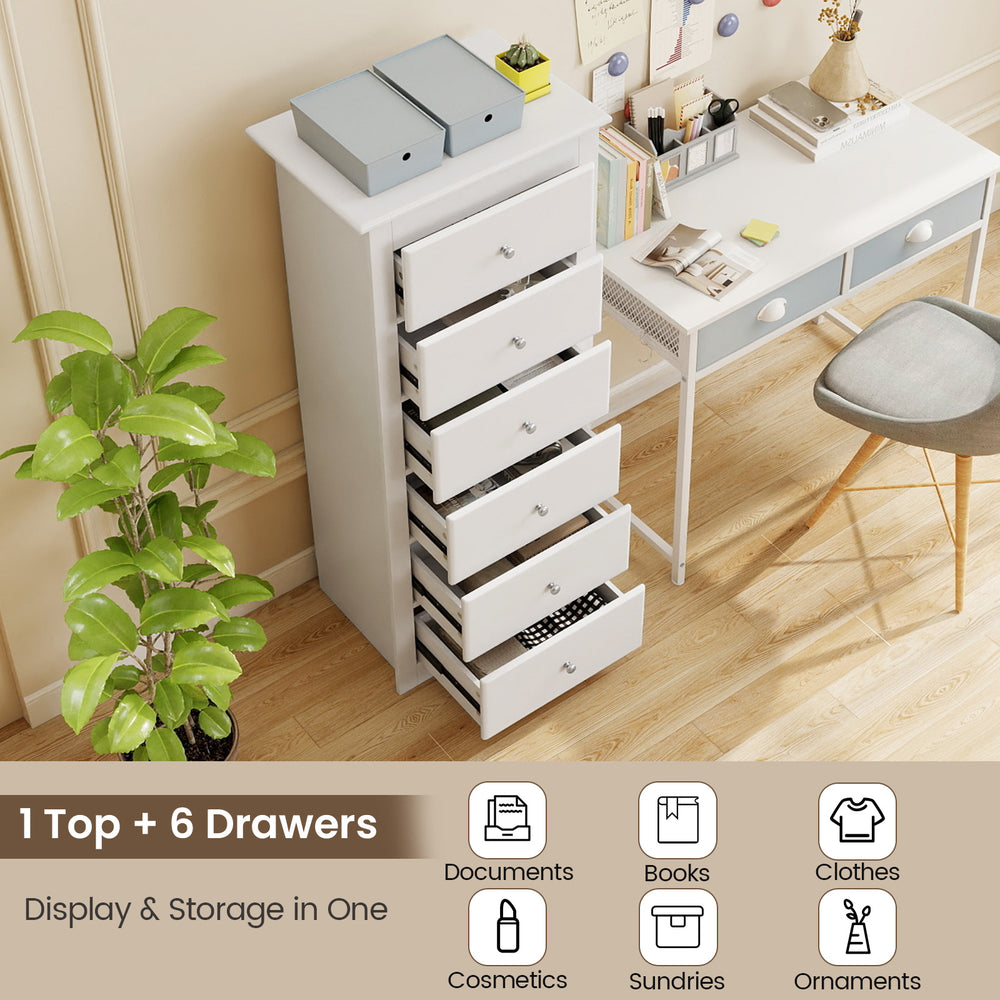 White 6-drawer chest dresser with spacious top and smooth metal glides, perfect for organizing clothes and sundries.