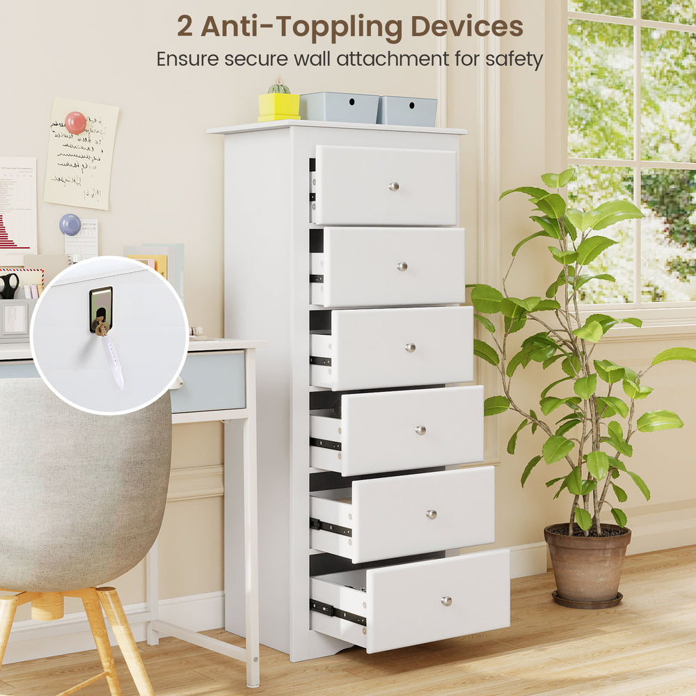 White 6-drawer chest dresser with smooth metal glides and anti-toppling devices, ideal for bedroom or living room.