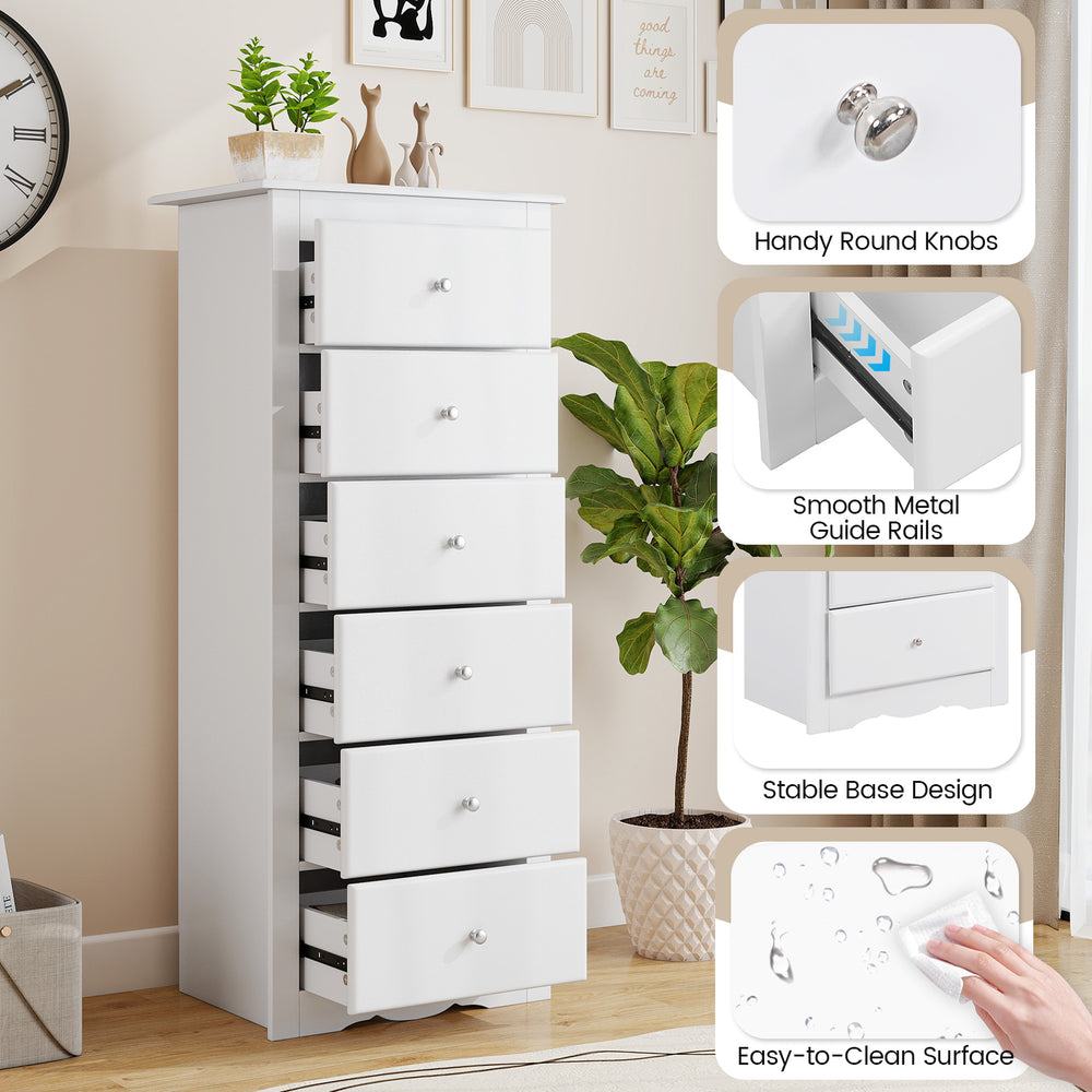 White 6-drawer chest dresser with smooth metal glides and elegant knobs, perfect for bedroom or living room storage.