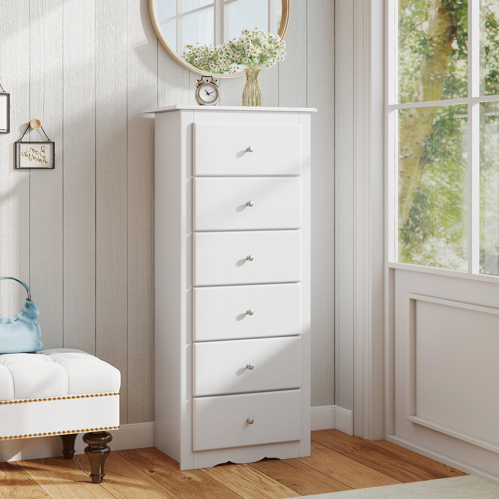 Sleek white 6-drawer chest dresser with exquisite metal knobs, perfect for stylish and organized bedroom storage.