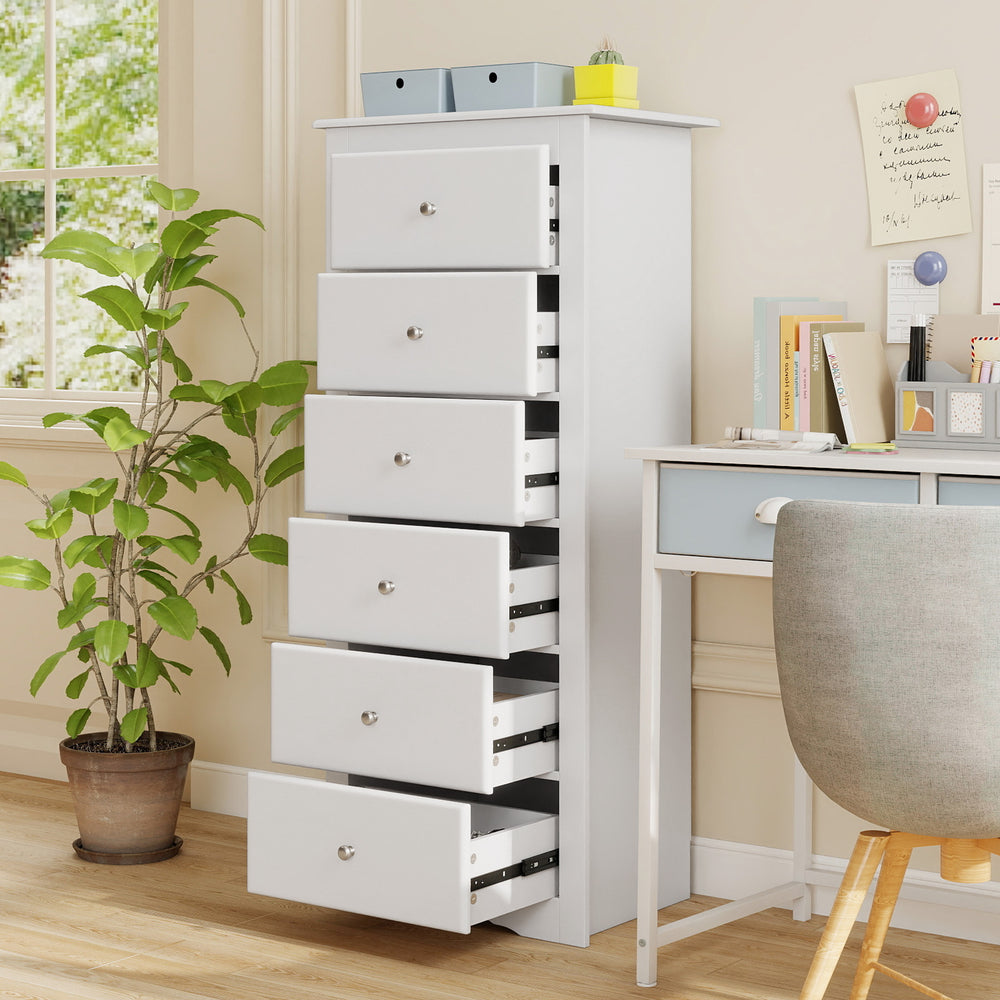 White 6-drawer chest dresser with smooth metal glides and elegant design, perfect for bedroom or office storage.
