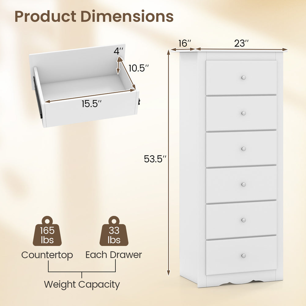 6-drawer white chest dresser with smooth metal glides and elegant design, ideal for bedroom or living room storage.