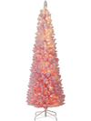 Snow-flocked 6 FT pink Christmas tree with 140 warm white LED lights, perfect for holiday decoration in any space.