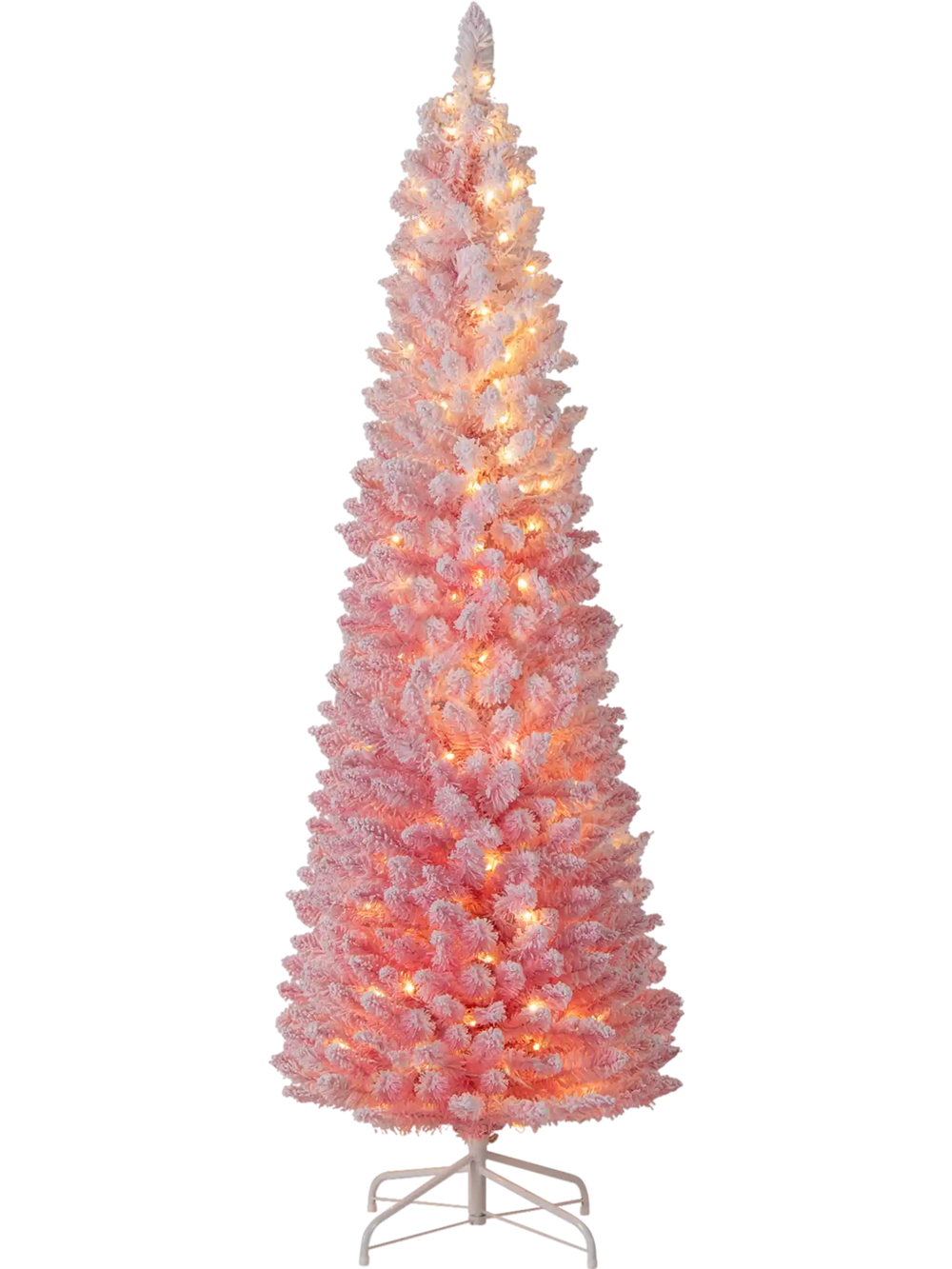 Snow-flocked 6 FT pink Christmas tree with 140 warm white LED lights, perfect for holiday decoration in any space.