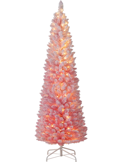 Costway Pre-Lit Snow-Flocked Pink Artificial Christmas Tree 25421196 New