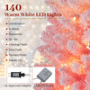 Snow-flocked pink Christmas tree with 140 warm white LED lights and 8 lighting modes for festive holiday decoration.