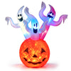 Inflatable 6 FT Halloween pumpkin features 3 colorful ghosts, perfect for outdoor decoration in yards or gardens.