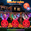 Inflatable 6 FT ghost pumpkin with colorful lights, featuring three ghosts, perfect for Halloween yard decoration.