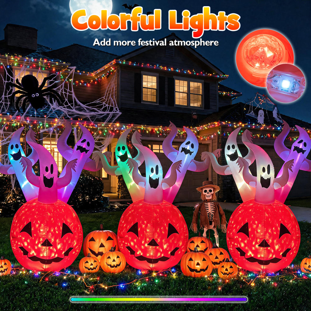 Inflatable 6 FT ghost pumpkin with colorful lights, featuring three ghosts, perfect for Halloween yard decoration.