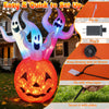 Inflatable 6 FT ghost pumpkin with colorful lights, featuring three ghosts, ideal for Halloween yard decorations.