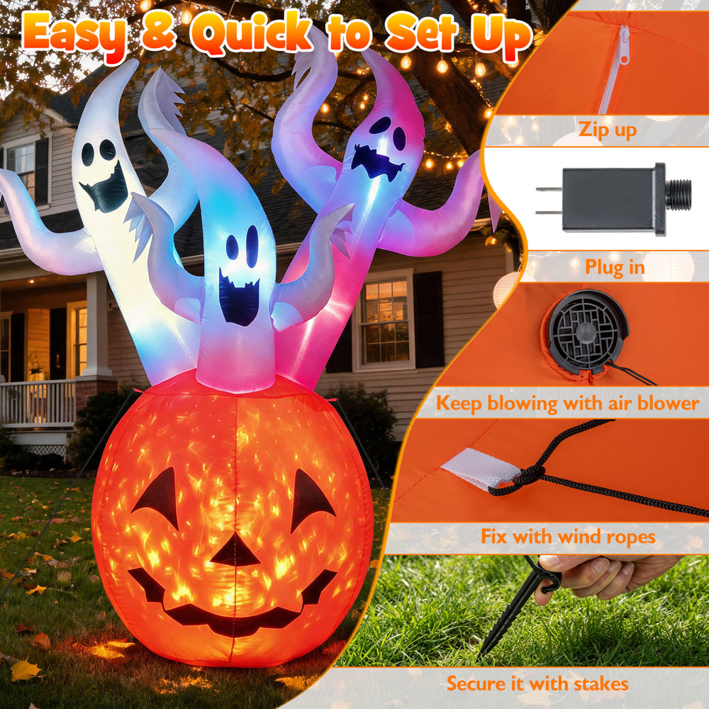 Inflatable 6 FT ghost pumpkin with colorful lights, featuring three ghosts, ideal for Halloween yard decorations.