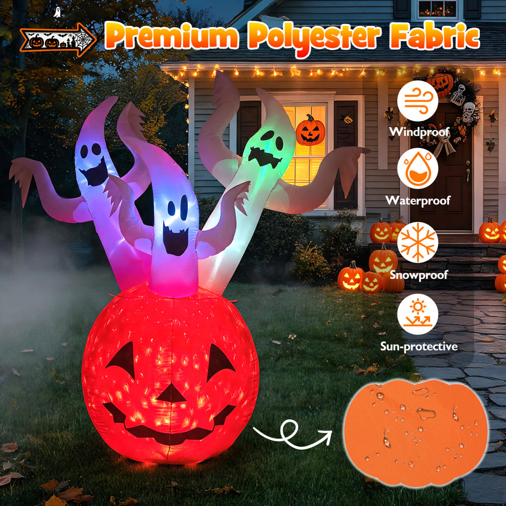 6 FT inflatable ghost pumpkin with colorful lights, made of waterproof polyester fabric, perfect for Halloween outdoor decoration.