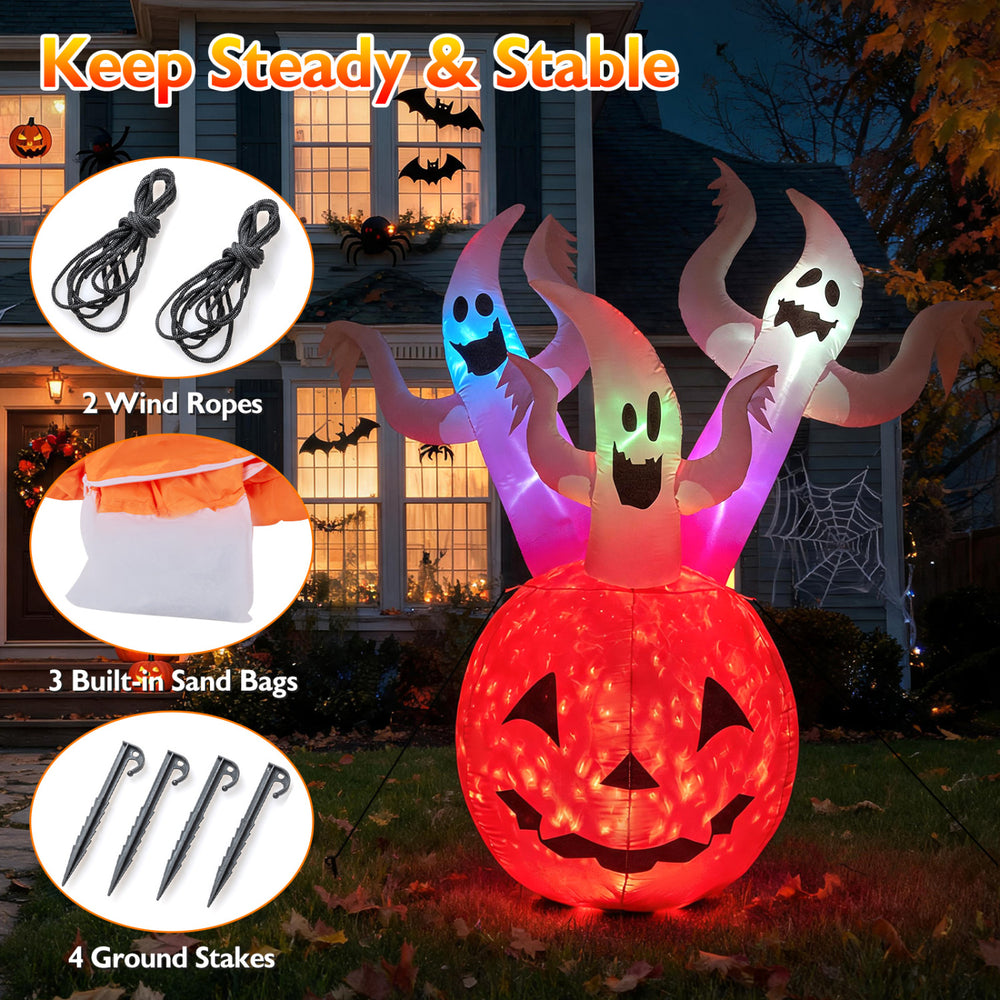 6 FT inflatable ghost pumpkin with colorful lights, featuring 3 ghosts, ideal for Halloween yard decoration.
