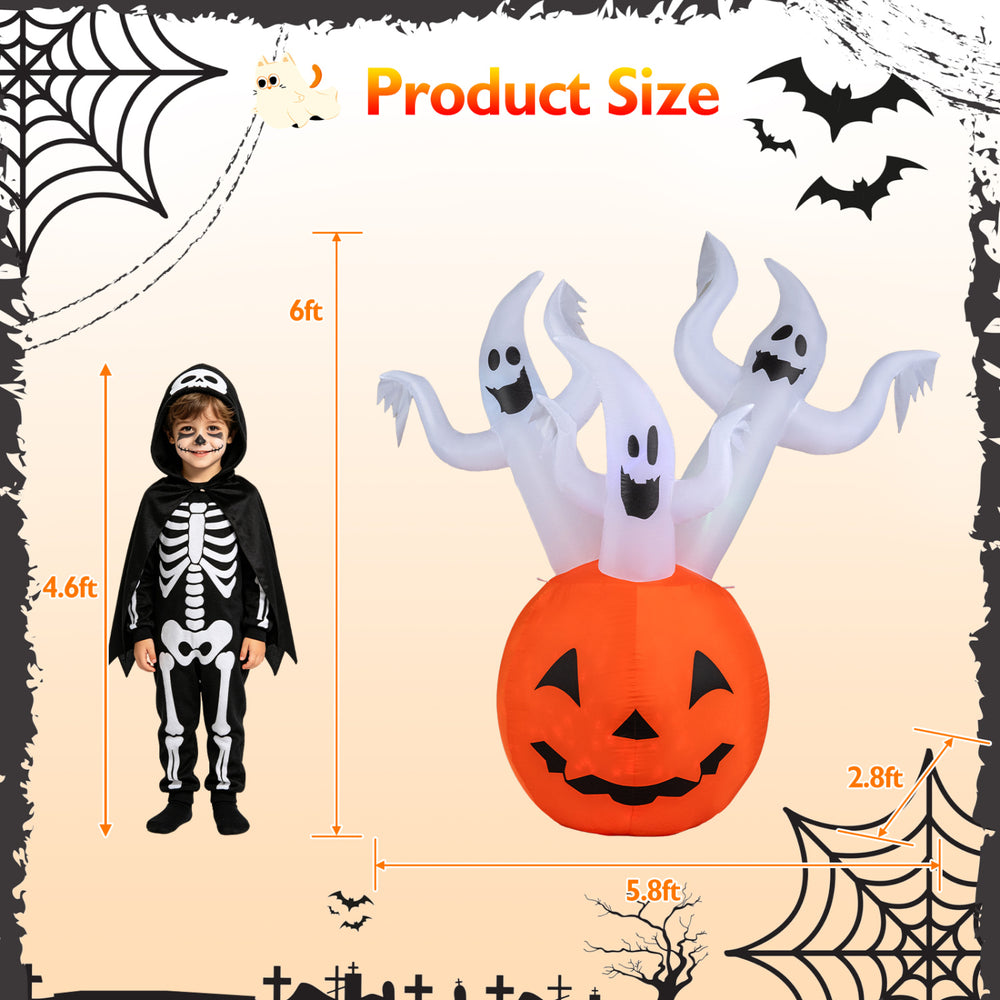 Inflatable 6 FT ghost pumpkin decoration features three ghosts and colorful lights, perfect for Halloween outdoor displays.