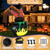 Close-up view of the animated Halloween inflatable kicking witch's pointed boots and striped stockings, adding festive charm.