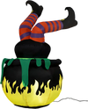 Animated 6 FT Halloween inflatable cauldron with kicking witch legs and LED light, perfect for outdoor decorations.