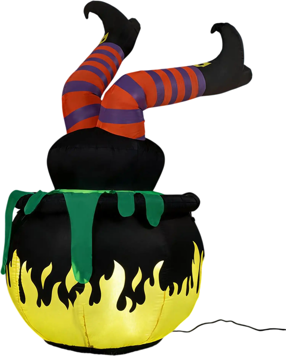 Animated 6 FT Halloween inflatable cauldron with kicking witch legs and LED light, perfect for outdoor decorations.