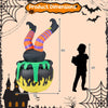 Animated 6 FT inflatable kicking witch with LED light in a flaming cauldron, perfect for Halloween yard displays.