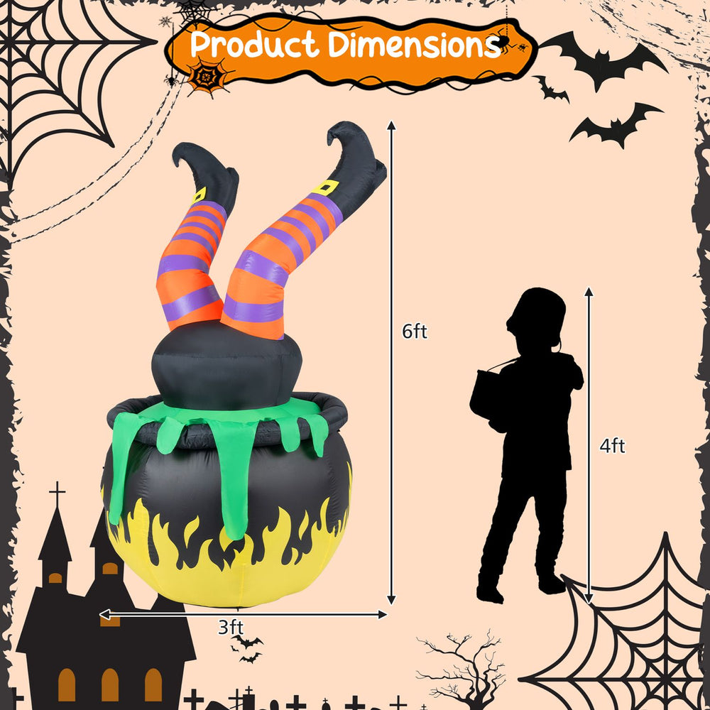 Animated 6 FT inflatable kicking witch with LED light in a flaming cauldron, perfect for Halloween yard displays.