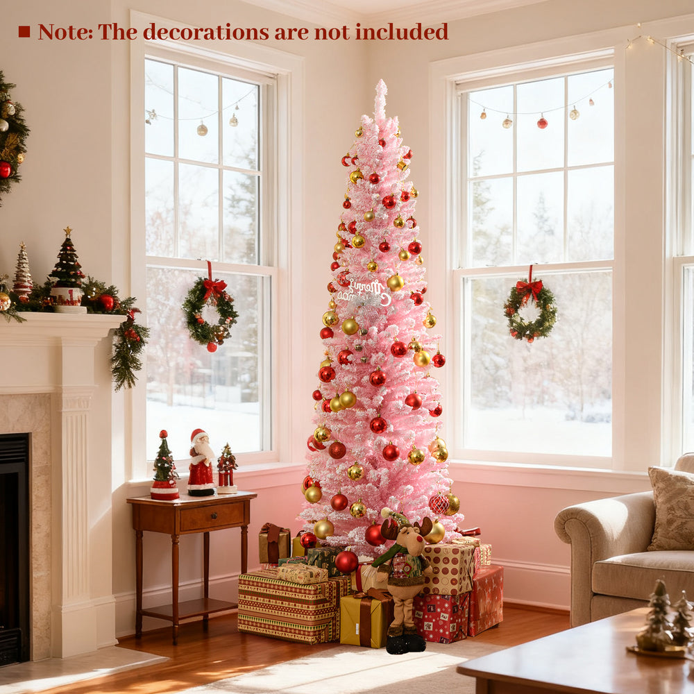 6 FT pink artificial Christmas tree with 460 branch tips and folding metal stand, perfect for limited spaces.