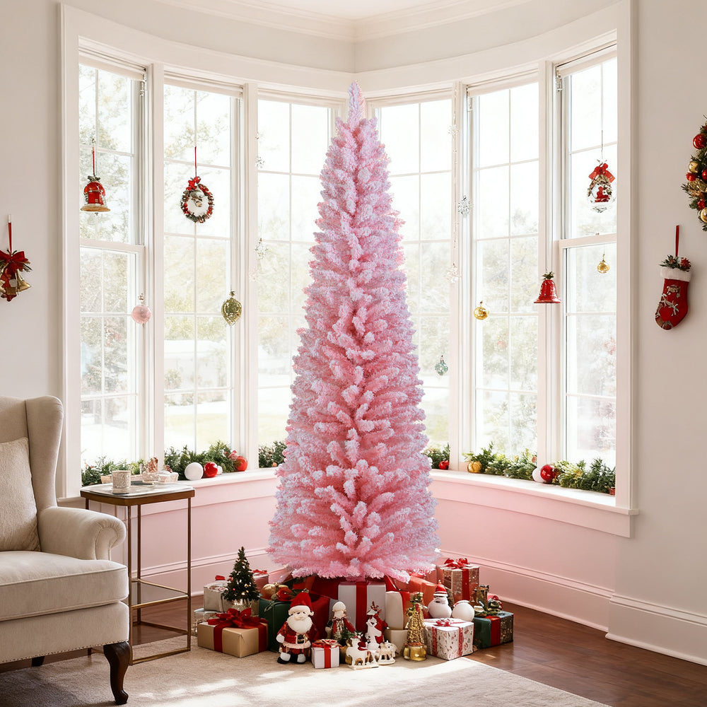 Pink 6 FT artificial Christmas tree with 460 branch tips in a cozy room, perfect for festive holiday decor.