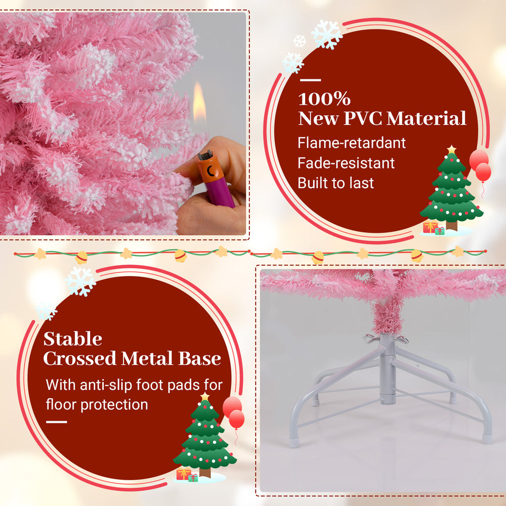 Flocked pink 6 FT artificial Christmas tree with 460 branch tips and a stable folding metal stand for easy setup.