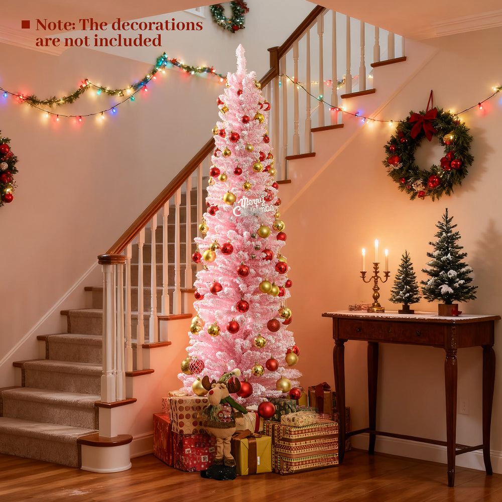 Flocked pink 6 FT artificial Christmas tree with 460 branch tips, perfect for maximizing holiday spirit in small spaces.