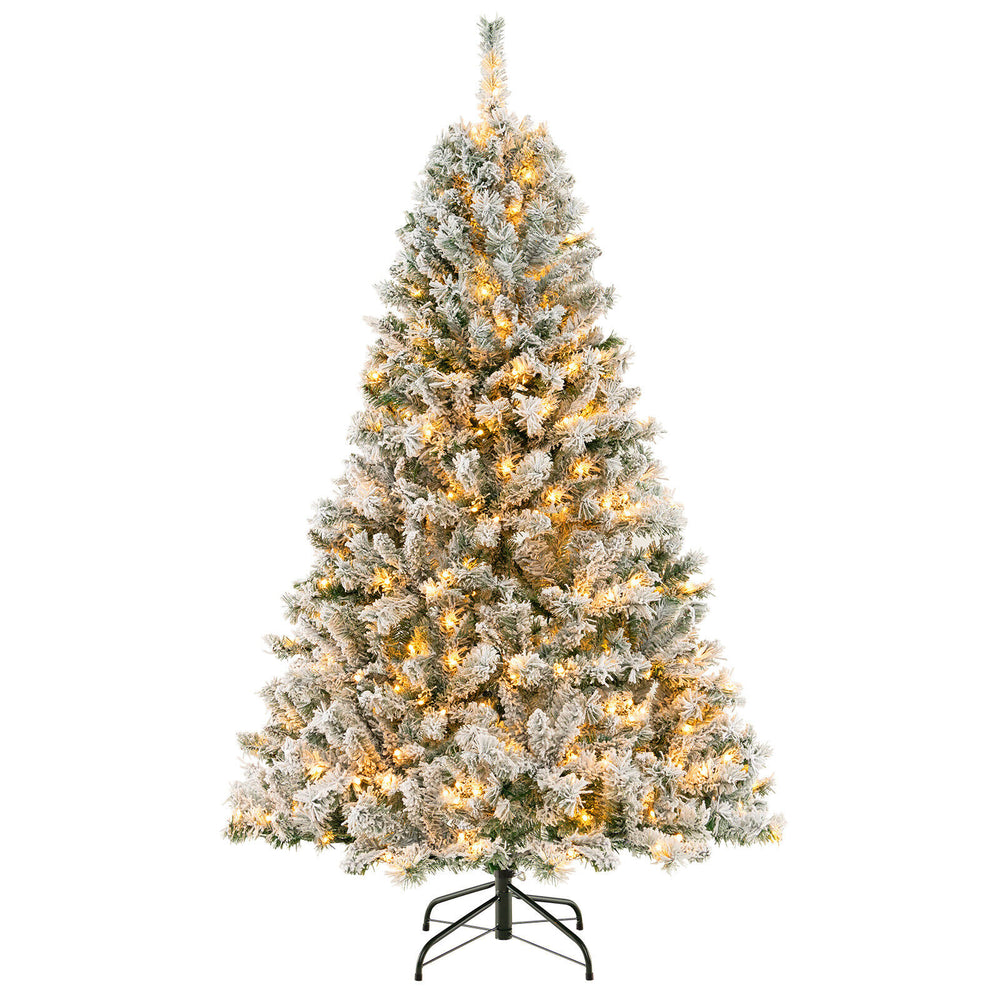 6-foot artificial Christmas tree with white flocking, 644 branch tips, and warm white LED lights for festive decoration.