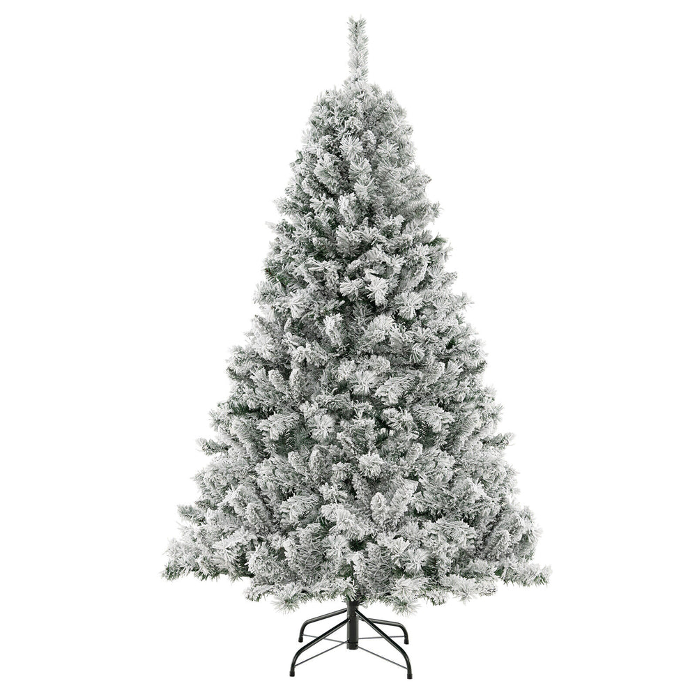 Flocked 6 ft artificial Christmas tree with 644 branch tips, quick shape design, and upgraded metal stand for easy.