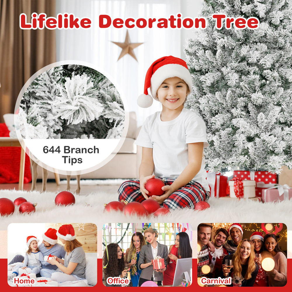 Lifelike 6 ft artificial Christmas tree with 644 branch tips, white flocking, and warm white LED lights for festive.
